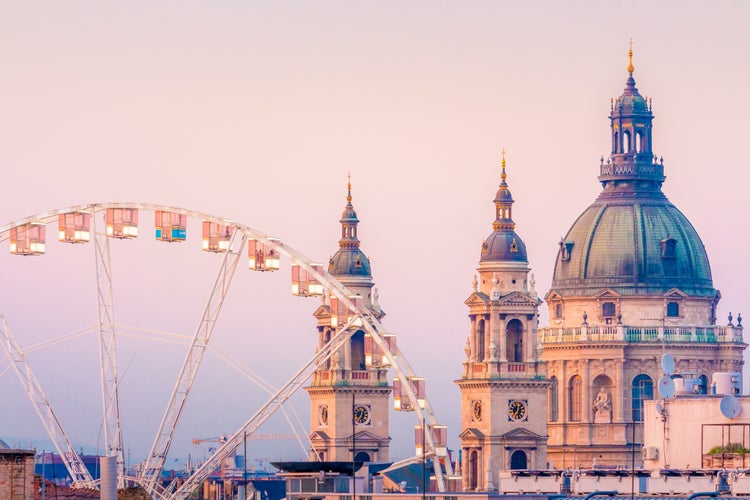 Budapest Eye and Basilica during sunset hour.