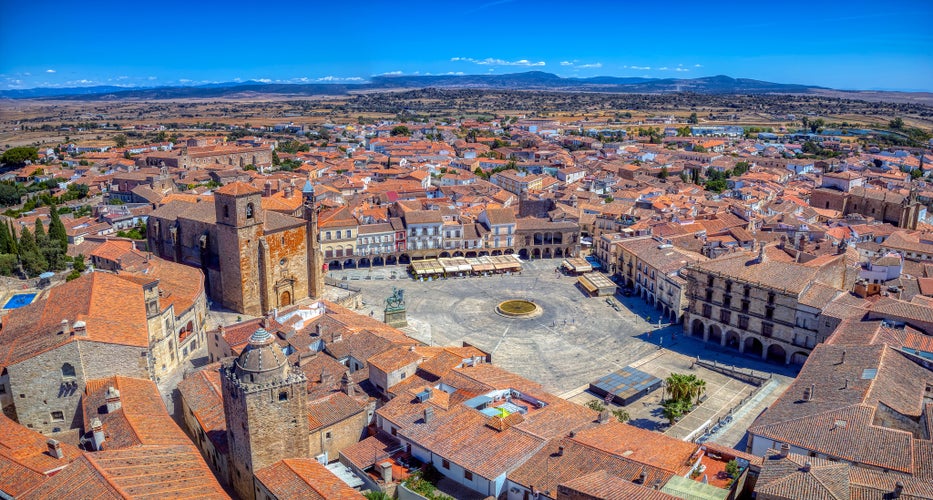 photo of ariel view of Aerial view of Plaza Mayor de Trujillo in Caceres, Spain.