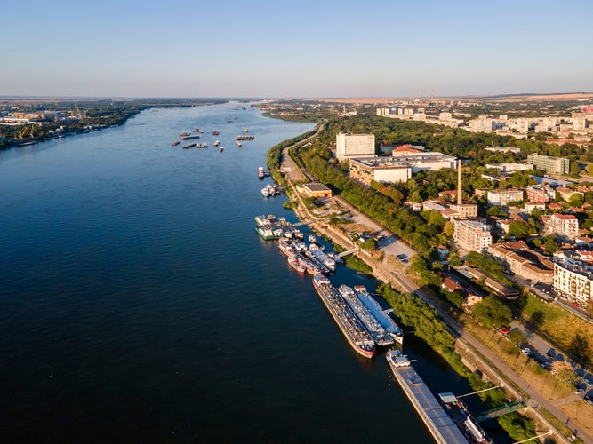 Aerial view of Danube River and City of Ruse, Bulgaria