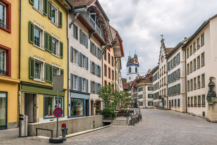 Photo of street with historical houses in Aarau old town, Switzerland.