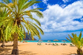 Photo of aerial view with Puerto de la Cruz, in background Teide volcano, Tenerife island, Spain.