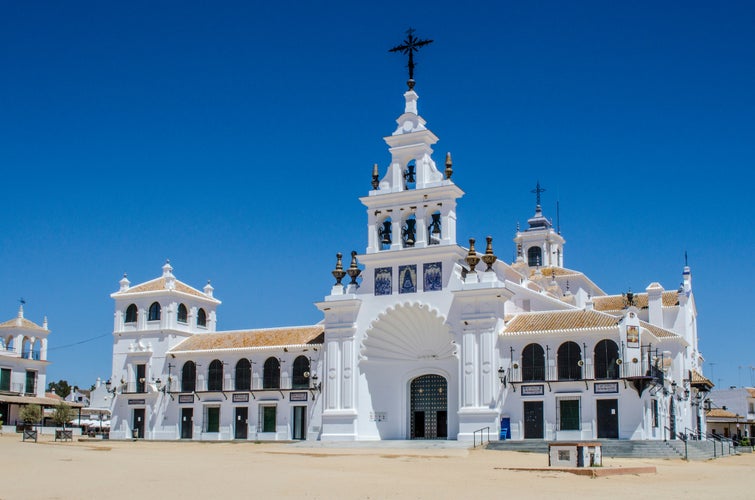 The Hermitage of El Rocio. The Church is home to the Virgin of El Roci­o in the countryside of Almonte, Province of Huelva, Andalusia, Spain