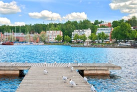 Photo of aerial view of beautiful landscape of lakes and forest in Imatra, Finland.