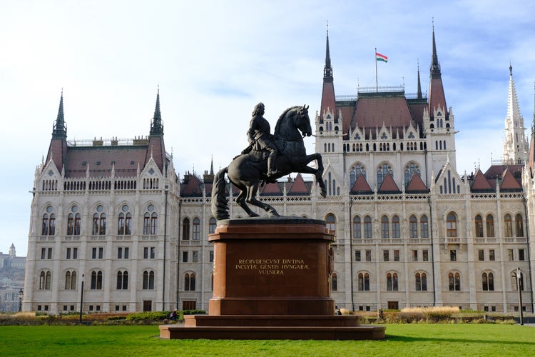 Photo of A mounted statue of Count Gyula Andrassy at Kossuth Square near Hungarian Parliament Building in Budapest, Hungary.