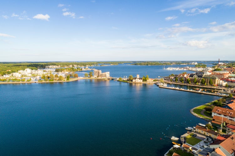 Aerial view of Vastervik city with the harbor and old city, Sweden