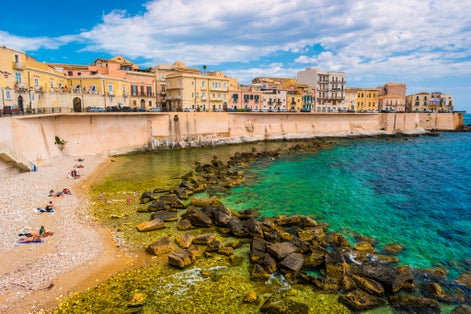 Coast of Ortigia island at city of Syracuse, Sicily, Italy. Beautiful travel photo of Sicily.