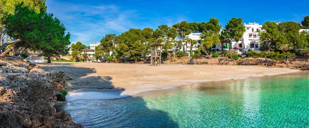 Beautiful bay cove Cala Gran, idyllic beach Majorca at Cala D'or, Spain Mediterranean Sea, Balearic Islands.