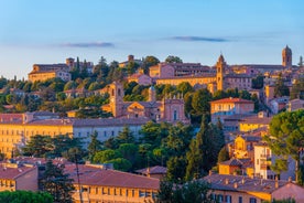 Naples, Italy. View of the Gulf of Naples from the Posillipo hill with Mount Vesuvius far in the background and some pine trees in foreground.