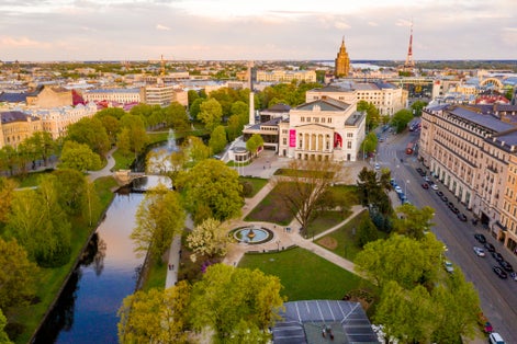 photo of Riga, Latvia. Beautiful aerial view of the Latvian national opera house in Riga.