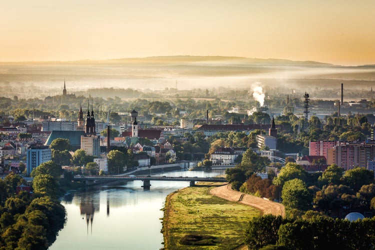 Photo of aerial view of Opole city with old buildings and wonderful views, Poland.