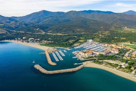 photo of aerial view of Argelès-sur-Mer with sandy beach in the Pyrénées, France.