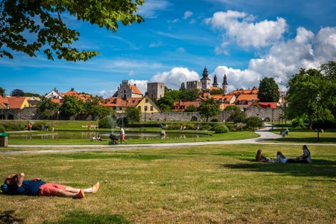Beautiful summer landscape view of Almedalen garden and recreation park area.