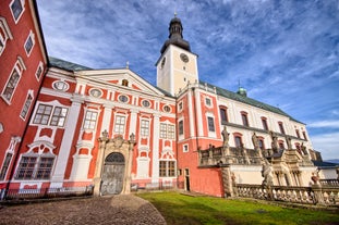 photo of an aerial view on Czech town Broumov with monastery of Broumov and the broumov walls in the background. Broumov, Hradec Kralove, Czech Republic.