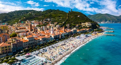 View of Mediterranean luxury resort and bay with yachts. Nice, Cote d'Azur, France. 