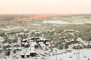 Rovaniemi Finland, panorama of the city with Kemijoki river in the back and Ounasvaara fell with the city heart at the left.