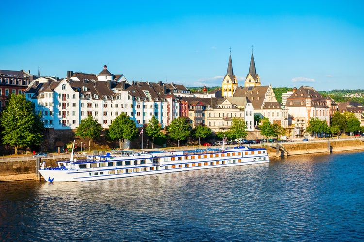 photo of view of Koblenz aerial panoramic view. Koblenz is a city on the Rhine where it is joined by Moselle river.