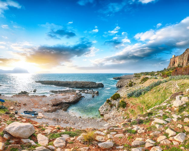 Stunning seascape of Isolidda Beach near San Vito cape. Popular travel destination of Monte Cofano National Park. Location: San Vito Lo Capo, Province of Trapani, Sicily, Italy, Europe