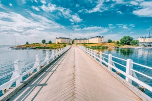 Photo of aerial view of cable-stayed Replot Bridge, suspension bridge in Replotvägen, Korsholm, Finland.