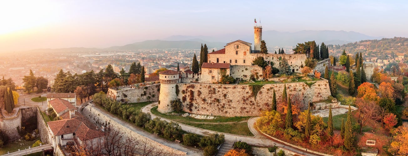 photo of view of Panoramic drone view on medieval fortress Castello di Brescia, Italy.