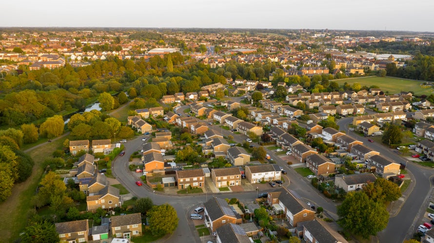 Aerial view of Colchester Riverside suburban residential area, Colchester, Essex, England, UK