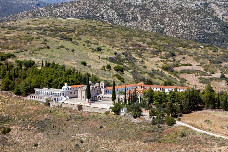 Photo of Monastery of Moni Gennisis Xristou (Jesus' Birth) nestled in the serene Greek hillside, near Argos city, Greece, showcasing stunning Orthodox architecture and spiritual tranquility.