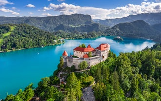 Capital of Slovenia, panoramic view with old town and castle.