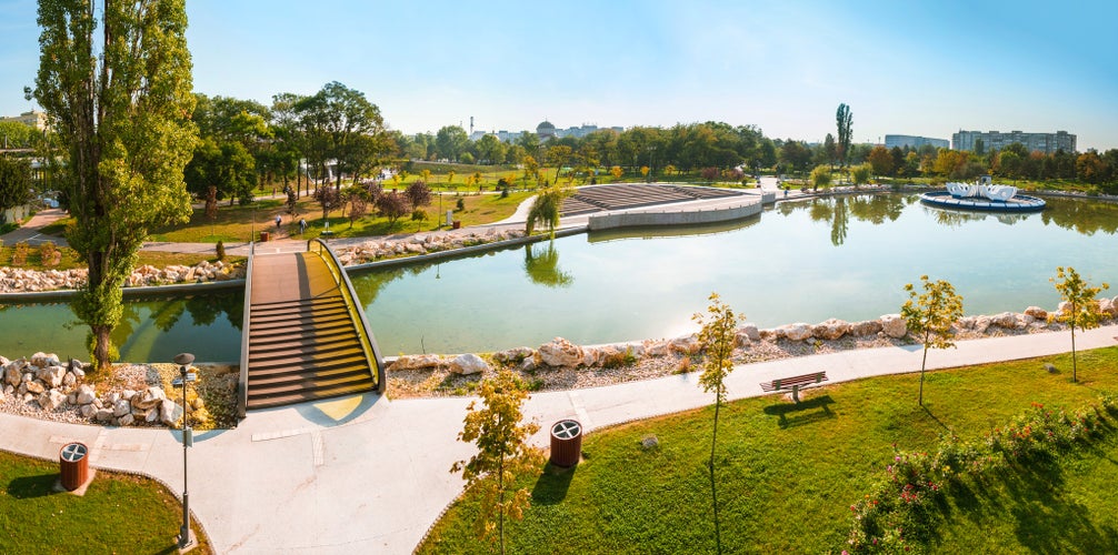 Panoramic view of Drumul Taberei Park, also known as Moghioros Park, in Bucharest Romania, in a sunny autumn day.