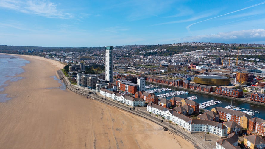 Photo of aerial View of Swansea City Centre including The Tower, Swansea Marina and Swansea Arena, Wales.