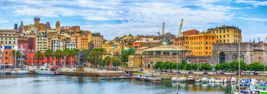 Photo of beautiful landscape of panoramic aerial view port of Genoa in a summer day, Italy.