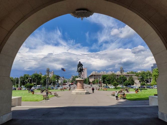 View to the square through the Vault from the Palace of Culture - Iasi City.