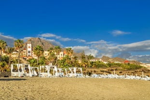 photo of aerial view of El Duque beach at Costa Adeje, Tenerife, Canary Islands, Spain.