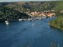 Photo of Rogoznica turquoise bay and Dragon Eye lake aerial view, Dalmatia region of Croatia.