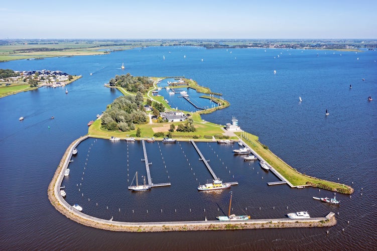 photo of view of Aerial from sailing on the Sneekermeer with the Start island near Sneek in Friesland the Netherlands.