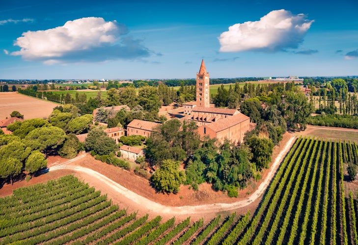 Wonderful summer view of Pomposa Abbey tower among the green vineyards. Attractive morning scene of Italian countryside, Province of Ferrara, Italy, Europe. Traveling concept background.