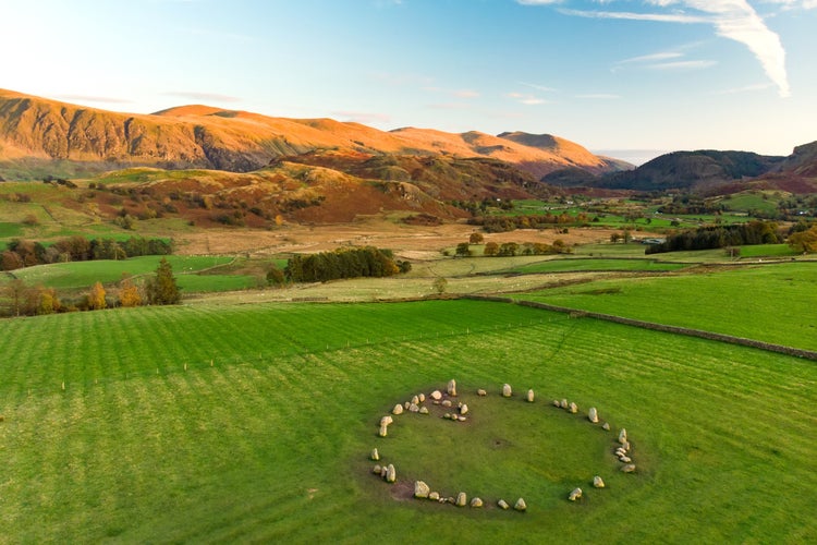 Aerial view of castlerigg circle, located near Keswick in Cumbria, North West England, constructed as a part of a megalithic tradition during the Late Neolithic and Early Bronze Ages.