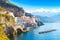 Photo of aerial morning view of Amalfi cityscape on coast line of Mediterranean sea, Italy.