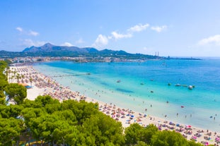 Aerial view with Sant Pere beach of Alcudia, Mallorca island, Spain.