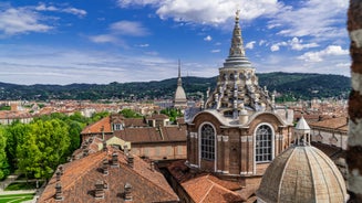 Photo of aerial view of Turin city center with landmark of Mole Antonelliana, Turin ,Italy ,Europe.