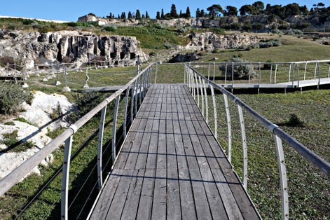 visitors path of the punic necropolis of Tuvixeddu in Cagliari