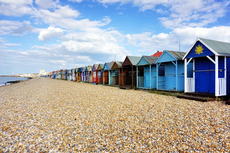 Row of colourful by the sea in Herne Bay Pier, Canterbury, Kent, UK