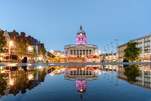 Photo of Nottingham Council House and a fountain front shot at Twilight, UK.