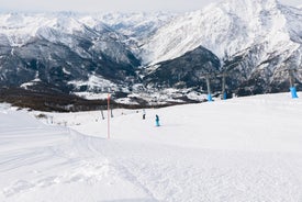 photo of panoramic view of Sestriere village from above, famous ski resort in the Italian western Alps, Piedmont, Italy.