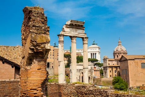 PHOTO OF Remains of the Temple of Castor and Pollux or the Dioscuri at the Roman Forum in Rome