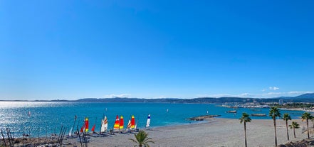 View of Mediterranean luxury resort and bay with yachts. Nice, Cote d'Azur, France. 