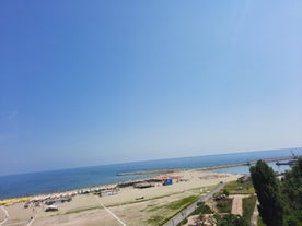 Photo of aerial view of beautiful beach in Mamaia, Romania.