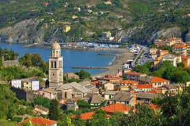 Photo of aerial view of Levanto or Levante, a beautiful fishing village in Liguria, Italy.