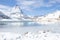 photo of Matterhorn and Riffelsee cover with white snows and ice, Rotenboden, Switzerland.