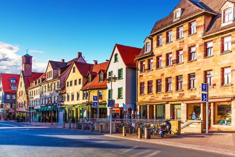 Scenic sunset view of ancient buildings and street architecture in the Old Town of Furth, Bavaria, Germany