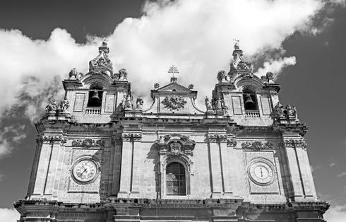The Church of Saint Helena located in Birkirkara, Malta in monochrome.