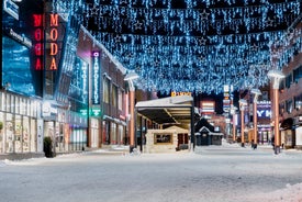 photo of beautiful view of Finnish landscape with trees in snow, ruka, karelia, lapland, hilly winter landscapes in famous winter sports area called Ruka.